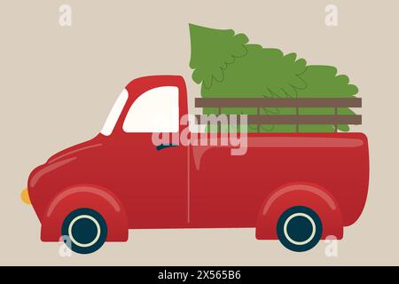 Weihnachtsroter Retro-Truck mit Weihnachtsbaum auf beigefarbenem Hintergrund. Vintage Pickup Truck mit Tanne, Vektor-Illustration. Süßes trendiges Zeichen des Winters Stock Vektor