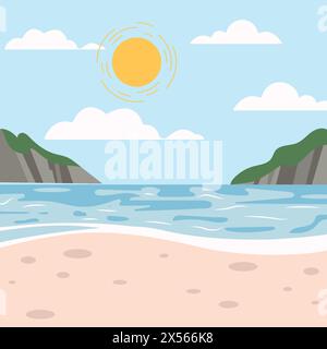 Tropische Landschaft der Küste wunderschöner Strand am schönen sonnigen Tag. Vektor-Illustration in flacher Art für Poster, Party Feiertag Einladung, festi Stock Vektor