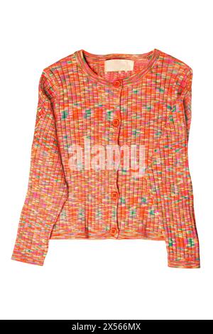 Mädchenbekleidung. Elegante, flauschige Strickjacke oder Pullover in mehreren Farben mit V-Ausschnitt und isoliertem Knopfverschluss. Kinder- und Kindermode. Stockfoto