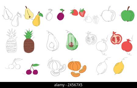 Set aus Früchten und Beeren im Stil einer durchgehenden Strichkunst. Fruits minimalistische schwarze lineare Skizze und farbige Skizze isoliert auf weißem Hintergrund. Stock Vektor