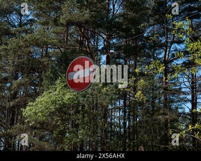 Hängendes Stoppschild im Wald Stockfoto