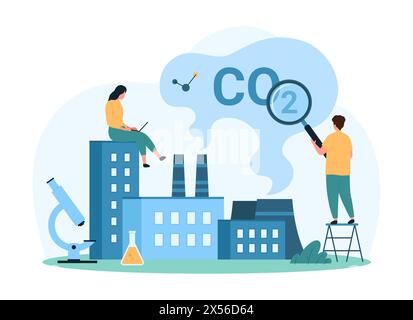 Luftverschmutzung mit Kohlendioxid. Winzige Menschen erforschen Treibhausgas-, Smog- und CO2-Emissionen aus Fabrikschornsteinen mit Lupe, studieren Umweltauswirkungen Cartoonvektorillustration Stock Vektor