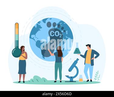 Kohlendioxid-Bilanz. Winzige Menschen studieren großen Fuß CO2 auf der Erdkugel mit Thermometer und Flasche des chemischen Tests, um die Wirkung der Emissionen auf die Umwelt Karikaturvektor Illustration zu bewerten Stock Vektor
