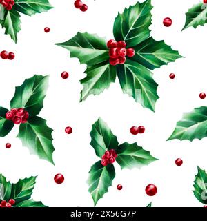 Nahtloses Stechpalmenmuster. Botanische dezember-Aquarellsymbolillustration des Neujahrs isoliert auf Hintergrund. Für Designer, Dekoration, Shop, für Stockfoto