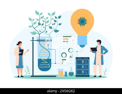Genetische Forschung im digitalen Projekt, Biotechnologie. Winzige Leute, die grüne Pflanze aus DNA Helix im Laborexperiment wachsen, futuristische wissenschaftliche Ausrüstung mit Glühbirne Cartoon Vektor Illustration Stock Vektor