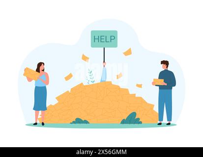 E-Mail-Spam überladen, Mailbox mit Marketingnachrichten und Newslettern. Winzige Leute mit viel Korrespondenz, in Briefen begraben Person ertrunken in Haufen mit Hilfe Zeichen Zeichentrickvektor Illustration Stock Vektor