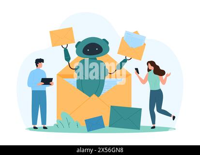 Postfachverwaltung mit KI, Antispam-Filter. Winzige Leute senden und empfangen E-Mail-Nachrichten und SMS, Roboter aus geöffnetem Papierumschlag, der Briefe an Benutzer von Mail Mobile App Cartoon Vektor Illustration Stock Vektor