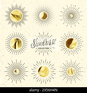 Vintage Grunge Sunburst Sonnenstrahlen. Goldfolie, glänzende handgemachte Kreise. Goldene, glitzernde Textur, Muster. Handgezeichnet, platzende Sonne, Lichtstrahlen Stock Vektor