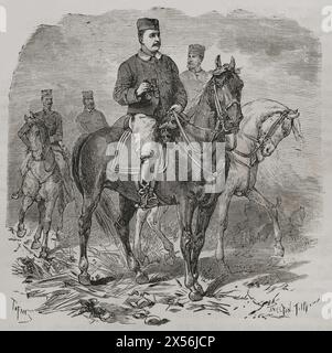 Mailand I (1854-1901). Fürst von Serbien, als Mailand IV. (1868-1882). König von Serbien als Mailand I. (1882-1889). Prinz Mailand wird Zeuge des Kampfes in Spovatz. Gravur von Smeeton Tilly. "La Guerra de Oriente" (russisch-türkischer Krieg). Band I. 1877. Stockfoto