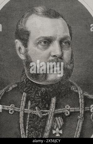 Alexander II. Von Russland (1818-1881). Zar des Russischen Reiches (1855-1881). Hochformat. Gravur. "La Guerra de Oriente" (russisch-türkischer Krieg). Band I. 1877. Stockfoto