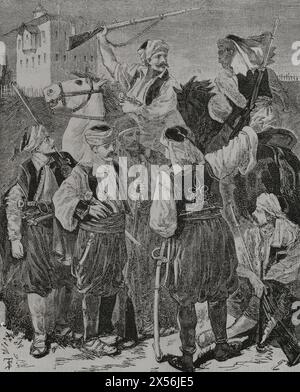 Russisch-Türkischer Krieg (1877-1878). Osmanische irreguläre Truppen, der Baschi-Bazouk. Gravur. "La Guerra de Oriente" (russisch-türkischer Krieg). Band I. 1877. Stockfoto