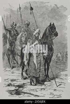 Russisch-Türkischer Krieg (1877-1878). Kurdische Kavallerie der türkischen Armee. Stich von L. Chapon und Théophile Deyrolle. "La Guerra de Oriente" (russisch-türkischer Krieg). Band I. 1877. Stockfoto