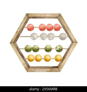 Kinder Holzspielzeug Abacus mit Kugeln in verschiedenen Farben, für Kinder unterschiedlichen Alters. Isolierte Aquarellillustration für Karten, Aufkleber, Tex Stockfoto