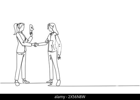 Eine einzige Linie, die zwei Geschäftsfrauen zeigt, die die Hand schütteln. Eines von ihnen hat zwei Gesichter. Voller Unwahrheit. Gefälschter Freund. Schlechteste Teamarbeit. Unternehmensverrat. Stock Vektor