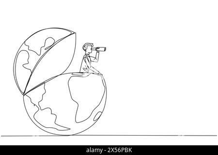 Ein Geschäftsmann mit einer durchgehenden Linienzeichnung erscheint außerhalb der Welt und sucht durch ein Fernglas nach etwas. Aufzeichnung von Geschäftserfolgen überall hinzugefügt. Beweis Stock Vektor