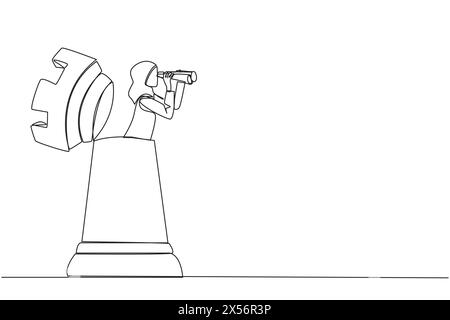 Aus dem Turmschachstück taucht eine arabische Geschäftsfrau auf, die durch ein Fernglas nach etwas sucht. Abschließen von Geschäftsstrategien Stock Vektor
