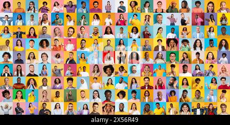 Lebendige, vielfältige Gruppe lächelnder Menschen, kreative Collage Stockfoto