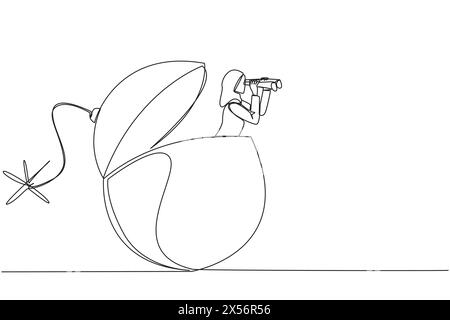 Durchgehende einzeilige Zeichnung Arabische Geschäftsfrau taucht aus einer Bombe mit brennender Sicherung auf der Suche nach etwas mit einem Fernglas. Empfangen Sie das Gefahrensignal. Stock Vektor