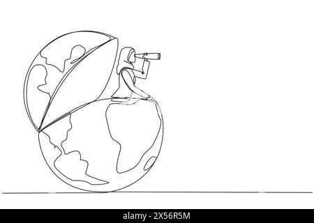 Durchgehende einzeilige Zeichnung Arabische Geschäftsfrau taucht aus der Welt auf und sucht mit einem Fernglas etwas. Stellen Sie sicher, dass geschäftliche Rivalen immer noch im bo sind Stock Vektor