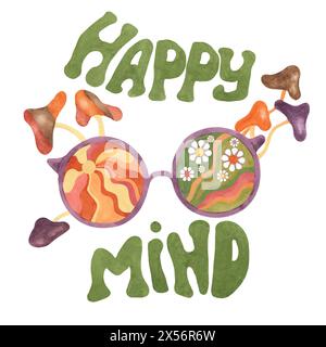 Trippige Pilze, groovige Hippie-Sonnenbrille und T-Shirt mit Happy Mind-Schriftzug mit Sonne und Gänseblümchen. Runde, psychedelische Retro-Brille im Stil der 1970er Jahre. Nostalgisches Clipart. Handgezeichnetes Indie-T-Shirt mit Grafik Stockfoto