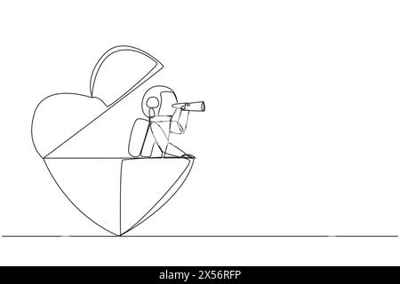 Ein Astronaut mit einer durchgehenden Linienzeichnung entsteht aus der Herzform. Suchen Sie nach etwas mit einem Fernglas. Starke Entschlossenheit, nach der Rückkehr zu heiraten Stock Vektor
