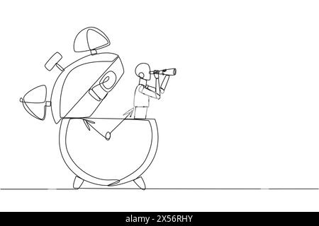 Ein intelligenter Roboter mit kontinuierlicher Linienzeichnung erscheint vom Wecker aus und sucht durch ein Fernglas nach etwas. Alarmroboter. Erinnerungsroboter. Neue tec Stock Vektor