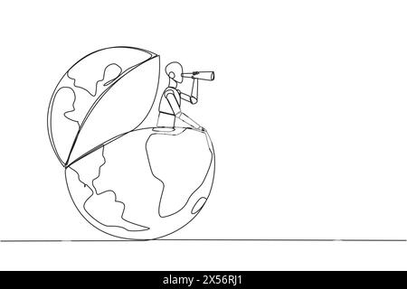Ein intelligenter Roboter mit kontinuierlicher Linienzeichnung erscheint von der Welt aus und sucht durch ein Fernglas nach etwas. Zuordnen von Standorten, die nicht von der Technologie verwendet werden Stock Vektor