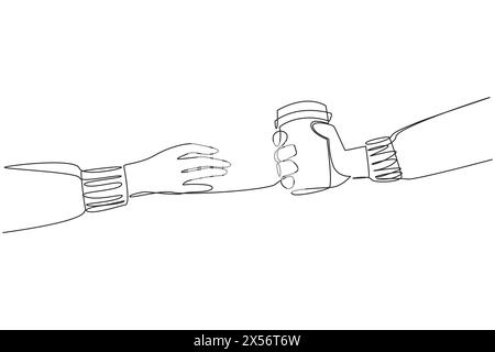 Eine durchgehende, eine Linie zeichnende Hand ergibt einen Papierbecher. Der Kauf einer Tasse warmen Kaffees erhöht die Konzentration. Warmer Tee zu trinken, kann den Körper entspannen Stock Vektor