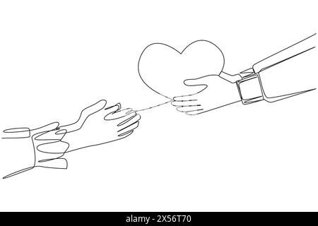 Eine einzige Linie, die eine Hand zeichnet, verleiht ihrem Partner eine Herzform. Verlieben Sie sich. Bereit, Herz und Seele zu schenken. Einladung zur Hochzeit. Romantische Kuh Stock Vektor