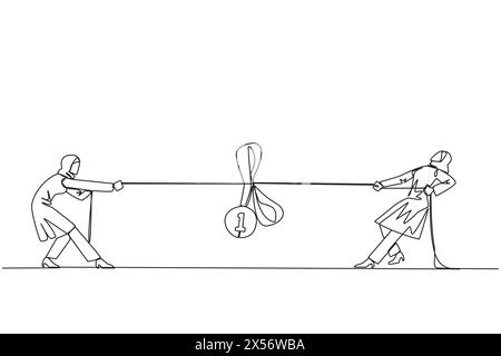 Eine durchgehende Linie, die zwei ambitionierte arabische Geschäftsfrauen anzieht, die um eine Medaille kämpfen. Harter Kampf, um der glaubwürdigste Unternehmer zu werden. Stock Vektor