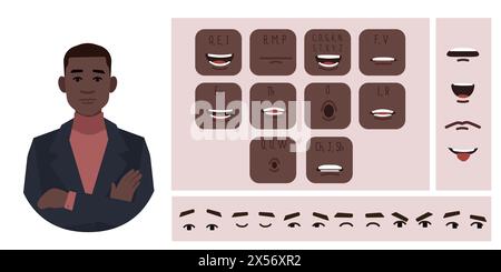Geschäftsmann-Avatar-Erstellung geeignet für Animation. Generator, Konstrukteur verschiedener Augen, Lippen, Emotionsausdrücke, Mundanimation und Lippensynchronisation. M Stock Vektor