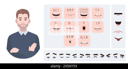 Geschäftsmann-Avatar-Erstellung geeignet für Animation. Generator, Konstrukteur verschiedener Augen, Lippen, Emotionsausdrücke, Mundanimation und Lippensynchronisation. M Stock Vektor
