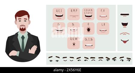 Geschäftsmann-Avatar-Erstellung geeignet für Animation. Generator, Konstrukteur verschiedener Augen, Lippen, Emotionsausdrücke, Mundanimation und Lippensynchronisation. M Stock Vektor