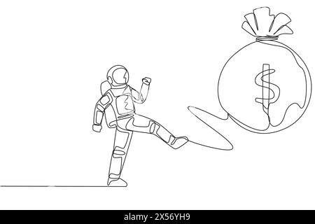 Eine einzige Linie, die den jungen Astronauten in den Geldbeutel zieht. Voller Emotionen. Das Geld, das für die Landungsmission auf dem Mond vorbereitet war Stock Vektor