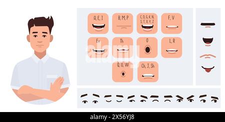 Geschäftsmann-Avatar-Erstellung geeignet für Animation. Generator, Konstrukteur verschiedener Augen, Lippen, Emotionsausdrücke, Mundanimation und Lippensynchronisation. M Stock Vektor