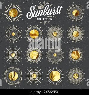 Vintage Grunge Sunburst Sonnenstrahlen. Goldfolie, glänzende handgemachte Kreise. Goldene, glitzernde Textur, Muster. Handgezeichnet, platzende Sonne, Lichtstrahlen Stock Vektor