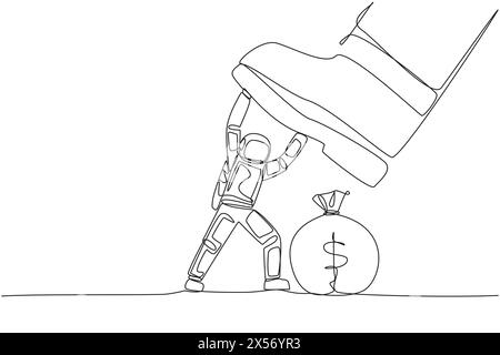 Eine durchgehende Linie zieht junge Astronauten und hält riesige Füße zurück, die auf die Geldtasche treten wollen. Sie werden von einem Eindringling gestört. Kosmonaut tief s Stock Vektor