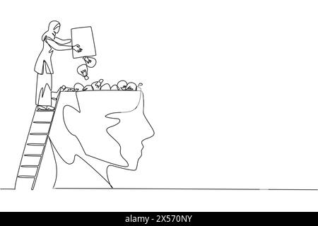 Eine durchgehende Linie zeichnet arabische Geschäftsfrau klettert auf den großen, offenen Kopf mit Treppen. Werfen Sie die Glühlampe weg. Die beste Lösung. Pr Stock Vektor