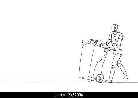 Ein einzelner Zeilenroboter schiebt einen Mülleimer, der mit Papiertüchern gefüllt ist. Veraltetes Buglog für künstliche Intelligenz. Werfen Sie es weg. Zukünftige Technologie Stock Vektor