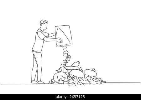 Ein einziger Zeichner wirft Müll in den Müllhaufen. Umweltschutz. Werfen Sie den Müll nicht an der richtigen Stelle. Umgebungsluft wird weniger c Stock Vektor