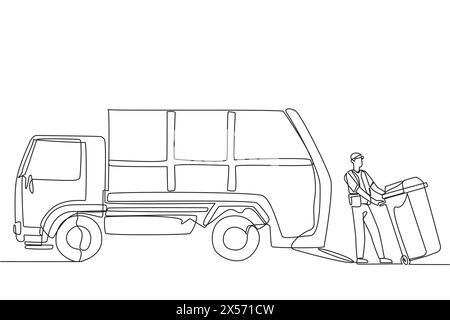 Single continuous line drawing trash man pulling wheeled trash can towards the garbage truck. Prevent environmental pollution by regularly making it t Stock Vektor