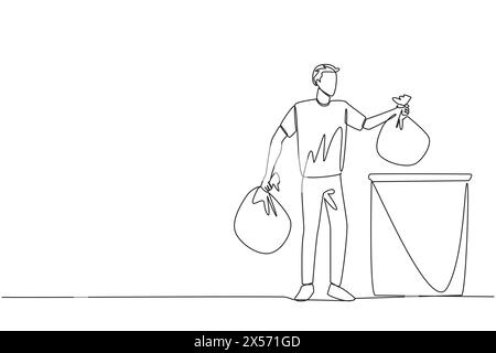 Single one line drawing man puts trash bag into trash can. Environmental care. Maintain cleanliness by throwing rubbish in the right place. Recycling. Stock Vektor