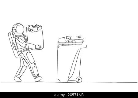 Der Astronaut ging mit einem Müllsack in beiden Händen in Richtung Mülleimer. Durchführung von Kampagnen, um sich um Sauberkeit während des Expedit zu kümmern Stock Vektor