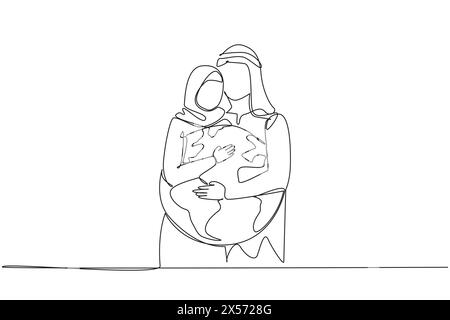 Eine einzige Linie zeichnet arabische Männer und arabische Frauen umarmen sich gegenseitig. Sie umarmen beide den Globus. Leidenschaft, die Erde grün zu halten. Von Verschmutzung fernhalten Stock Vektor