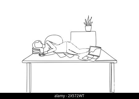 Eine Frau mit einer durchgehenden Linienzeichnung schlief auf dem Tisch mit einem Kissen aus einem Stapel Papiere ein. Zu müde. Auf dem Schreibtisch liegend schlafen. Hektisch. Stock Vektor