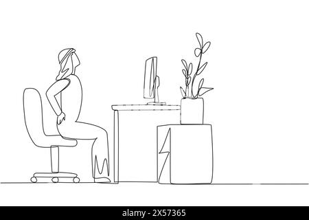 Eine einzige Linie, der arabischer Mann, der in einem Arbeitsstuhl sitzt, mit Händen, die die Taille halten. Zu fokussiert und zu lange sitzend. Vermeiden Sie schwere Verletzungen durch Dehnen Stock Vektor