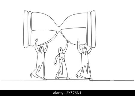 Eine durchgehende Linie zieht eine Gruppe arabischer Geschäftsmänner und arabischer Geschäftsfrauen, die zusammen eine Sanduhr tragen. Eine Erinnerung. Countdown. Klassisch. Stock Vektor