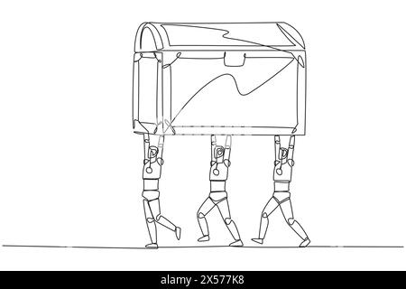 Eine einzelne Gruppe von Robotern mit kontinuierlicher Linienzeichnung arbeitet zusammen und trägt eine Schatzkiste. Ermitteln Sie rentable Objekte. Roboter erzielen maximale Gewinne. Futu Stock Vektor
