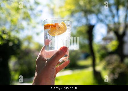 Eine Hand hebt ein erfrischendes Glas Mineralwasser mit Eis und Zitronenscheiben und Orangen auf. Im Hintergrund ist ein wunderschöner Frühlingsgarten zu sehen Stockfoto