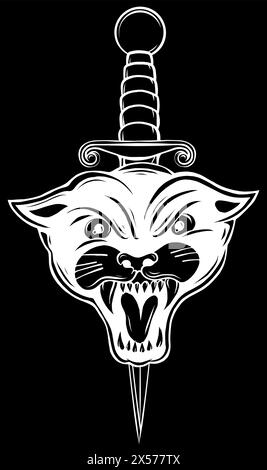 Weiße Silhouette von Pantherkopf und Dolch Tattoo, Vektor Stock Vektor